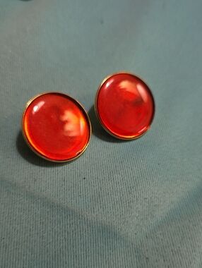 Orange Round Dome Clip On Earrings - Gold Rim